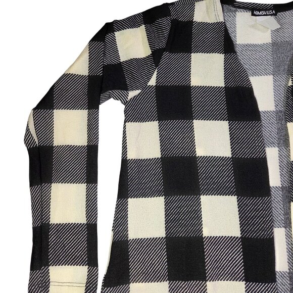 Heimish USA Open Longline Cardigan Black White Buffalo Plaid Pockets Womens Med - Picture 2 of 9